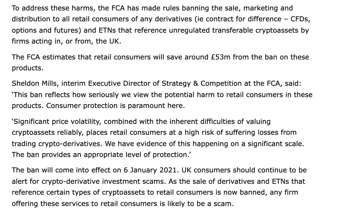 英国 FCA 禁售加密衍生品新闻稿中,从禁令对象到 2021 年 1 月 6 日生效的连续五段(该页为英文)